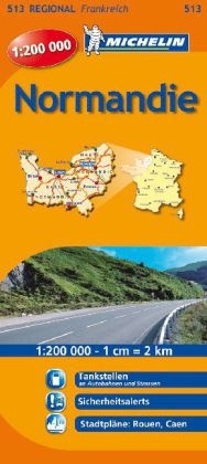 Michelin Karten - Bl.513: Michelin Karte Normandie - Tankstellen an Autobahnen und Straßen, Sicherheitsalerts, Stadtpläne: Rouen, Caen