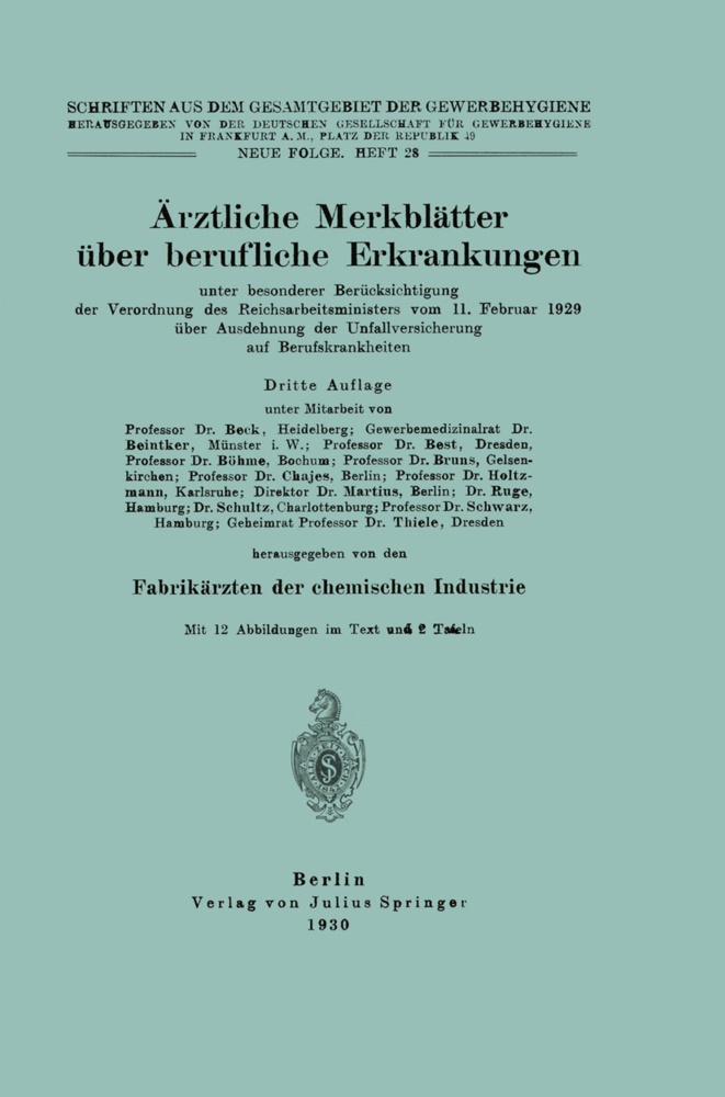 Na B¿hme, N Beck, NA Beck,  Beintker, N Beintker, Na Beintker... - Ärztliche Merkblätter über berufliche Erkrankungen - unter besonderer Berücksichtigung der Verordnung des Reichsarbeitsministers vom 11. Februar 1929 über Ausdehnung der Unfallversicherung auf Berufskrankheiten