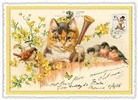 Postkarte / Katze mit Klarinette / quer / blanko