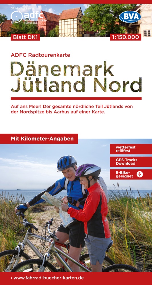 Allgemeiner Deutscher Fahrrad-Club e.V. (ADFC),  Bike,  BVA BikeMedia GmbH, Allgemeiner Deutscher Fahrrad-Club e V (ADFC - ADFC-Radtourenkarte DK1 Dänemark/Jütland Nord 1:150.000, reiß- und wetterfest, E-Bike geeignet, GPS-Tracks Download, mit Bett+Bike Symbolen, mit Kilometer-Angaben - Auf ans Meer! Der gesamte nördliche Teil Jütlands von der Nordspitze bis Aarhus auf einer Karte.