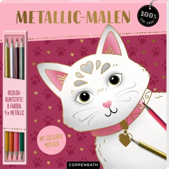 Susanna Hatkemper, Susanna Hatkemper - Metallic-Malen, (Katze) - Bicolor-Buntstifte: 8 Farben, 4 x Metallic: Kreativ-Malblock mit 24 goldenen Motiven und 4 Duo-Buntstiften