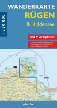 Wanderkarte Rügen & Hiddensee Mit Stralsund. Mit Ortsplänen von Baabe, Bergen, Binz, Garz, Göhren, Putbus, Sassnitz, Sellin, Thiessow. Mit UTM-Gitter für GPS. Maßstab 1:50.000.