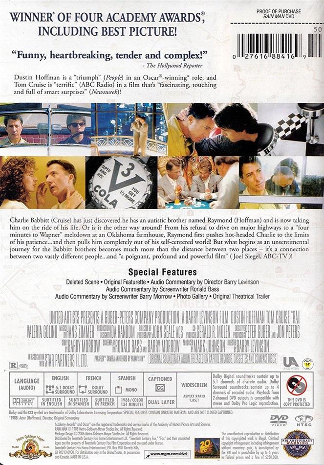 Rain Man, Good DVD, Dustin Hoffman, Tom Cruise, Valeria Golino, Gerald R.  Molen, 27616604194