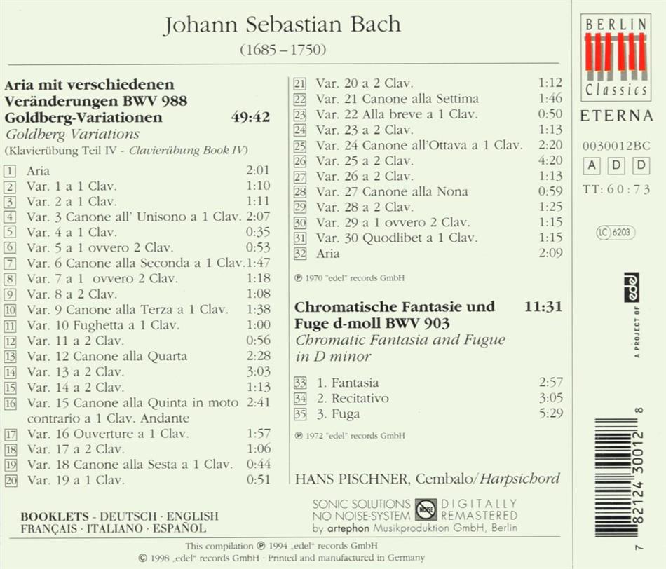 Goldberg Variationen/Chromatis by Hans Pischner & Johann Sebastian Bach ...