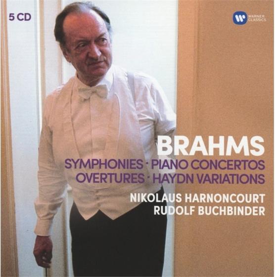 Johannes Brahms (1833-1897), Nikolaus Harnoncourt, Rudolf Buchbinder, Berliner Philharmoniker & The Royal Concertgebouw Orchestra - Sinfonien 1-4 / Klavierkonzerte / Ouvertüren (5 CDs)