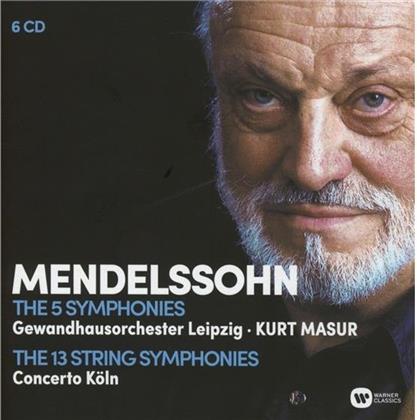 Kurt Masur, Concerto Köln, Felix Mendelssohn-Bartholdy (1809-1847) & Gewandhausorchester Leipzig - Sinfonien1-5 / 13 Streichersinfonien - The 5 Symphonies, The 13 String Symphonies (6 CDs)