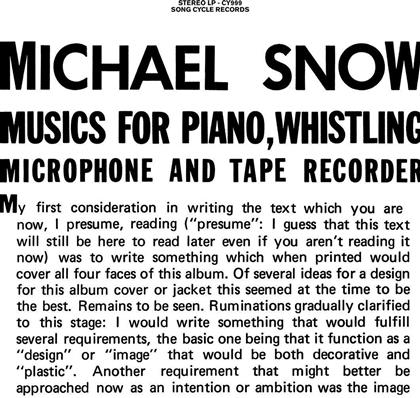 Michael Snow - Music For Piano, Whistlin (2 LPs)