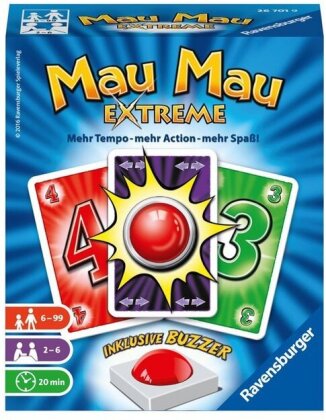 Ravensburger 26701 - Mau Mau Extreme, Kartenspiel mit Buzzer, Klassiker für 2-6 Spieler, Ablegespiel für Kinder und Erwachsene ab 6 Jahren