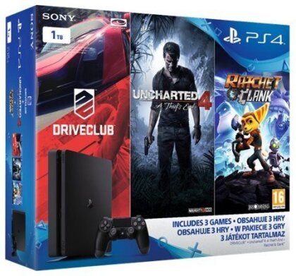 Sony PS4 1TB SLIM + Unchart.4 + Driveclub + Ratched & Clank D-Chassis