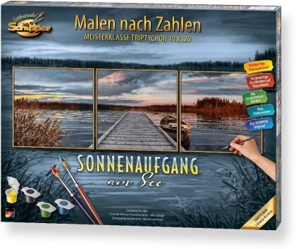 MNZ - Sonnenaufgang am See - Spezialkarton mit Leinenstruktur, dreiteiliges Bild: Gesamtbildgröße: 50 x 80 cm (1 Bild 50 x 40 cm, 2 Bilder je 50 x 20 cm), Acrylfarben, Pinsel. Mit Bauanleitung für rahmenlose Bildträger. Ohne Rahmen!