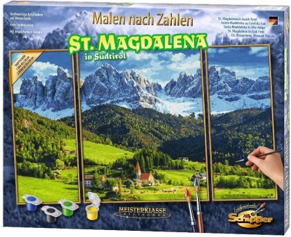 St.Magdalena in Südtirol - Spezialkarton mit Leinenstruktur, dreiteiliges Bild: Gesamtbildgröße: 50 x 80 cm (1 Bild 50 x 40 cm, 2 Bilder je 50 x 20 cm), Acrylfarben, Pinsel. Mit Bauanleitung für rahmenlose Bildträger. Ohne Rahmen!