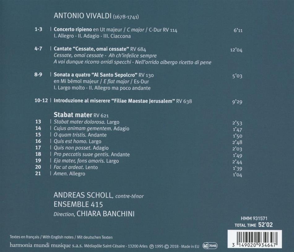 herfst Verschillende goederen toenemen Stabat Mater by Andreas Scholl, Antonio Vivaldi (1678-1741), Chiara  Banchini & Ensemble 415 - CeDe.com