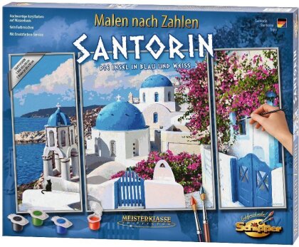 Santorin - Spezialkarton mit Leinenstruktur, dreiteiliges Bild: Gesamtbildgröße: 50 x 80 cm (1 Bild 50 x 40 cm, 2 Bilder je 50 x 20 cm), Acrylfarben, Pinsel. Mit Bauanleitung für rahmenlose Bildträger. Ohne Rahmen!