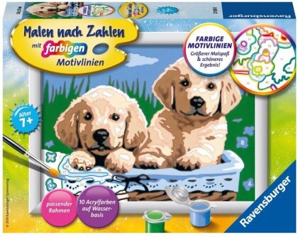 Ravensburger Malen nach Zahlen 27839 - Süße Hundewelpen - Kinder ab 7 Jahren - Acrylmaltafel, Acrylfarben, Pinsel, Firnis, Rahmen