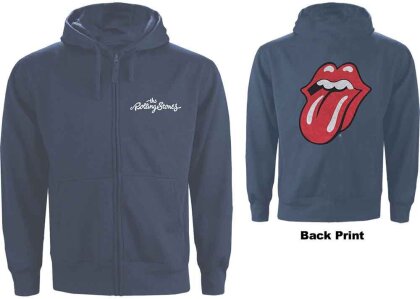 The Rolling Stones Unisex Zipped Hoodie - Classic Tongue (Petrol Blue) (Back Print)