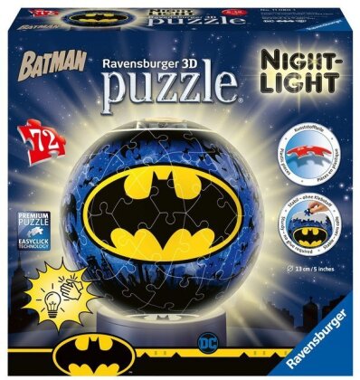 Ravensburger 3D Puzzle 11080 - Nachtlicht Puzzle-Ball Batman - 72 Teile - ab 6 Jahren, LED Nachttischlampe mit Klatsch-Mechanismus