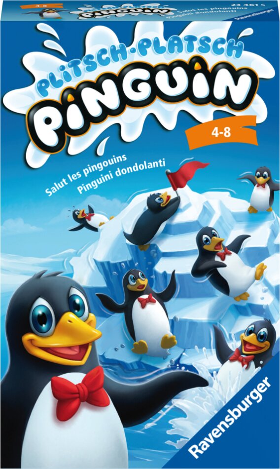Ravensburger 23461 - Plitsch Platsch Pinguin, Mitbringspiel für 1-4 Spieler, Kinderspiel ab 4 Jahren, kompaktes Format, Reisespiel