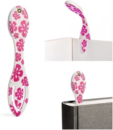 Flexilight Leselicht (Pink Flowers) - weiß - 2 in 1 Leselampe & Lesezeichen - LED Leselicht - Geschenk für Leser, Buchliebhaber - Deutsche Ausgabe