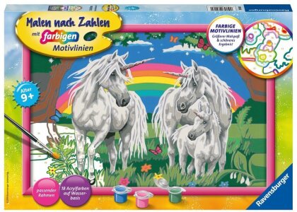 Ravensburger Malen nach Zahlen 28908 - Fabelhafte Einhornwelt - Kinder ab 9 Jahren - Acrylmaltafel, Acrylfarben, Pinsel, Rahmen