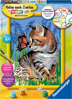 Ravensburger Malen nach Zahlen 28651 - Katze mit Schmetterling - Kinder ab 9 Jahren - Acrylmaltafel, Acrylfarben, Pinsel, Firnis, Rahmen