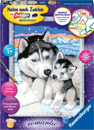 Ravensburger Malen nach Zahlen 28479 - Husky Kuss - Kinder ab 7 Jahren - Acrylmaltafel, Acrylfarben, Pinsel, Firnis, Rahmen