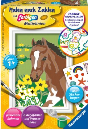 Ravensburger Malen nach Zahlen 28463 - Fohlen - Kinder ab 7 Jahren - Acrylmaltafel, Acrylfarben, Pinsel, Firnis, Rahmen