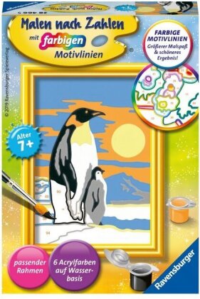 Ravensburger Malen nach Zahlen 28466 - Süße Pinguine - Kinder ab 7 Jahren - Acrylmaltafel, Acrylfarben, Pinsel, Firnis, Rahmen
