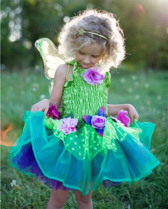 Fee grün mit Blumen, 5-6 J. - 2-teilig, Kleid mit Flügel,