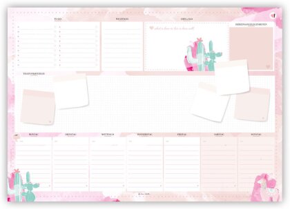 Stay Inspired, Schreibtischunterlage - Abrissplaner mit Wochenplaner (mit Kaktus und Alpaka Motiv) rosa/pink