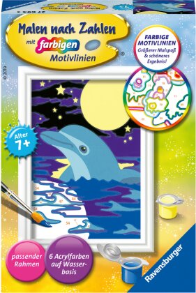 Ravensburger Malen nach Zahlen 27694 - Kleiner Delfin - Kinder ab 7 Jahren - Acrylmaltafel, Acrylfarben, Pinsel, Firnis, Rahmen
