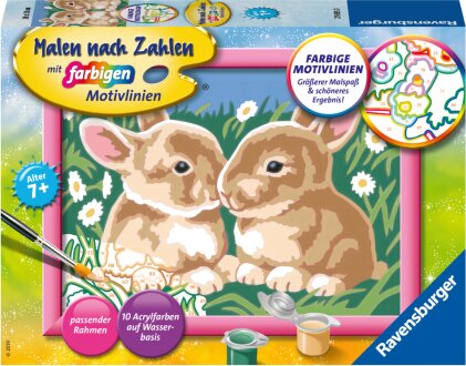 Ravensburger Malen nach Zahlen 27695 - Niedliche Häschen - Kinder ab 7 Jahren - Acrylmaltafel, Acrylfarben, Pinsel, Rahmen