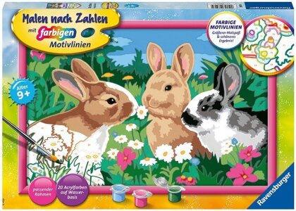 Ravensburger Malen nach Zahlen 28517 - Putzige Häschen - Kinder ab 9 Jahren - Acrylmaltafel, Acrylfarben, Pinsel, Rahmen