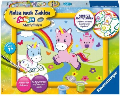 Ravensburger Malen nach Zahlen 27696 - Traumhafte Einhörner - Kinder ab 7 Jahren - Acrylmaltafel, Acrylfarben, Pinsel, Rahmen