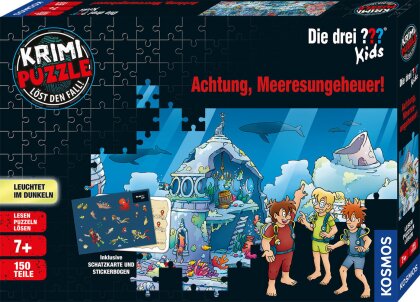 Die drei ??? Kids: Achtung, Meeresungeheuer! - 150 Teile Krimi-Puzzle + Schatzkarte und Stickerbogen