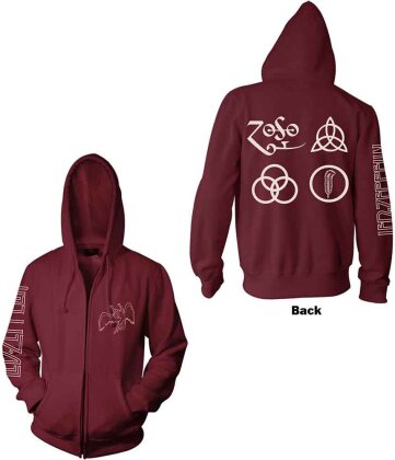 Led Zeppelin Unisex Zipped Hoodie - Symbols (Maroon Red) (Back Print)