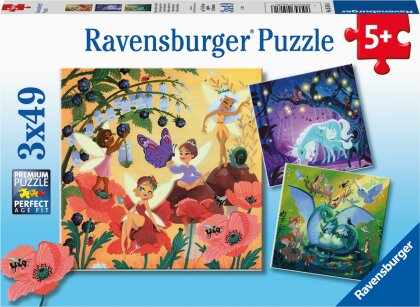 Ravensburger Kinderpuzzle - 05181 Einhorn, Drache und Fee - Puzzle für Kinder ab 5 Jahren, mit 3x49 Teilen