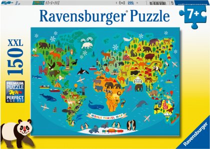 Tierische Weltkarte - 150 XXL-Teile Puzzle für Kinder ab 7 Jahren