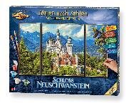 Schloss Neuschwanstein - Spezialkarton mit Leinenstruktur, dreiteiliges Bild: Gesamtbildgröße: 50 x 80 cm (1 Bild 50 x 40 cm, 2 Bilder je 50 x 20 cm), Acrylfarben, Pinsel. Mit Bauanleitung für rahmenlose Bildträger. Ohne Rahmen!