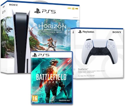 Playstation 5 Bundle 10 - (Konsole + Horizon: Forbidden West Code + Battlefield 2042 + 2. Controller White)