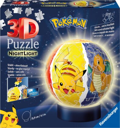 Ravensburger 3D Puzzle 11547 - Nachtlicht Puzzle-Ball Pokémon - 72 Teile - für Pokémon Fans ab 6 Jahren, LED Nachttischlampe mit Klatsch-Mechanismus