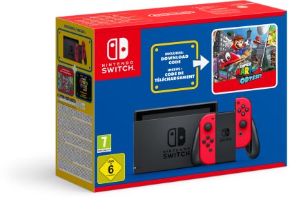 Nintendo Switch-Konsole (rot) + Super Mario Odyssey-Downloadcode + Der Super Mario Bros. Film-Aufkleber