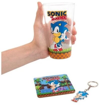 Sonic the Hedgehog - Set mit Trinkglas, Untersetzer und Schlüsselanhänger