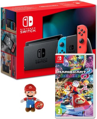 Nintendo Switch-Konsole (rot) + Super Mario Odyssey-Downloadcode + Mario Kart 8 Deluxe + Mario Plüsch (30cm) Bundle