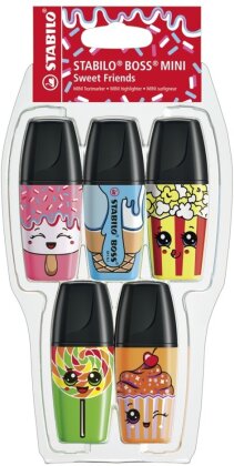 Textmarker - STABILO BOSS MINI Sweet Friends - 5er Pack - pink, blau, gelb, grün, orange