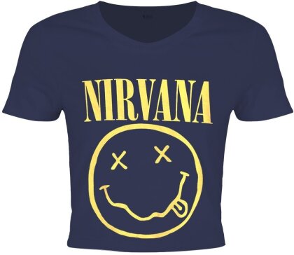 Nirvana - Smiley Flower Sniffin Ladies Denim Blue Crop Top