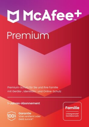 McAfee+ Premium- Familie, Virenschutz- und Internet-Sicherheitssoftware für eine unbegrenzte Anzahl an Geräten (Windows/Mac/Android/iOS) - 1-Jahres-Abonnement (Code in a Box)