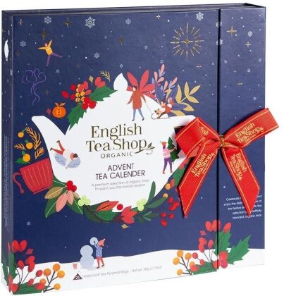 Tee Buch Adventskalender mit Schleife "Christmas Night" - 25 Boxen mit BIO-Tees in hochwertigen Pyramiden-Teebeuteln