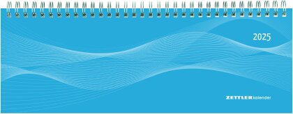 Zettler - Tisch-Querkalender 2025 blau, 29,7x10,5cm, Bürokalender mit 112 Seiten, Monatsübersicht, Notizbereich, Mondphasen, Jahresübersicht, Ringbindung und internationales Kalendarium