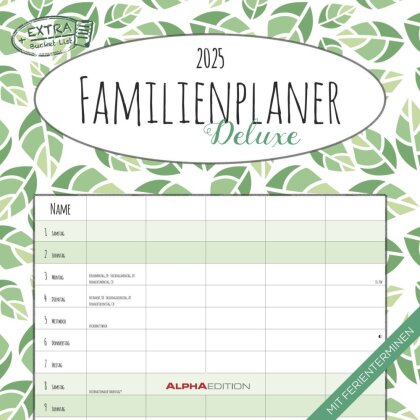 Alpha Edition - Familienplaner Deluxe 2025 Broschürenkalender, 30x30cm, Kalender mit 5 Spalten für Termine, Jahresübersicht, Ferientermine DE/AT/CH, internationales Kalendarium