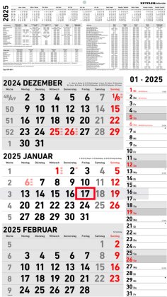 Zettler - 3-Monatskalender Kombi 2025, 33x45cm, Bürokalender mit Jahresübersicht, Datumsschieber, faltbar, 3 Monate auf einen Blick, Feiertage/Ferientermine DE/AT/CH und deutsches Kalendarium